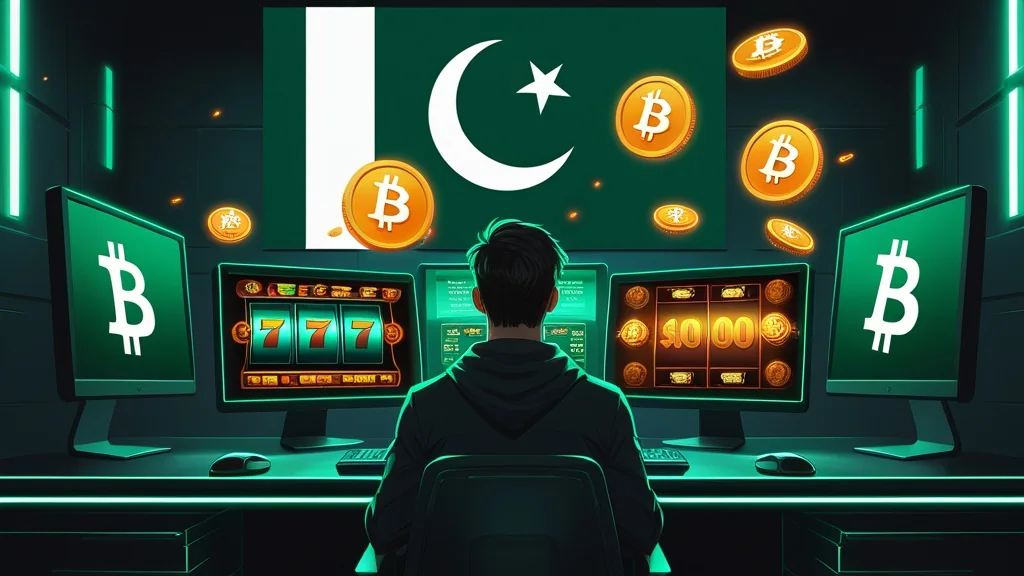 تین اسکرینیں جن پر سلاٹ کے ریل چل رہے ہیں، پیچھے دیوار پر پاکستان کا جھنڈا