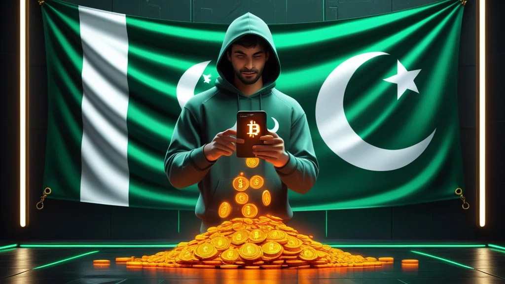 پاکستان کے بڑے جھنڈے کے سامنے فون تھامے ایک کھلاڑی، سکے جمع ہوتے ہوئے